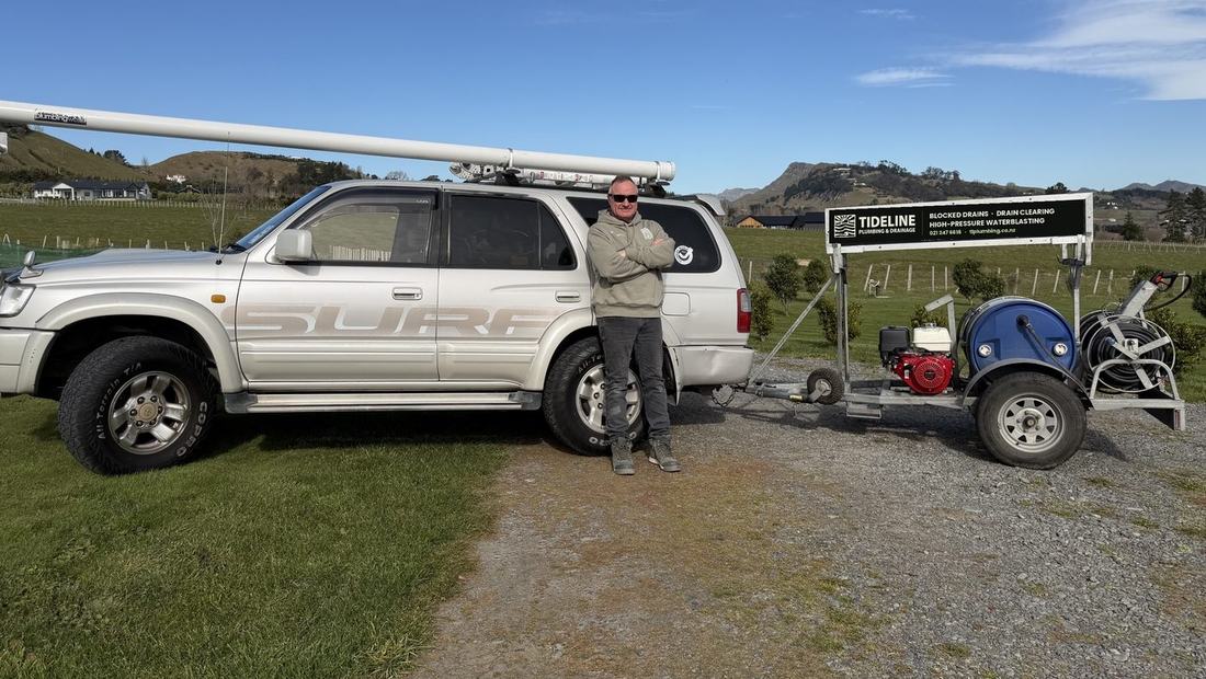 Stu Macmillan with his truck and waterblasting trailer in Hawke's Bay